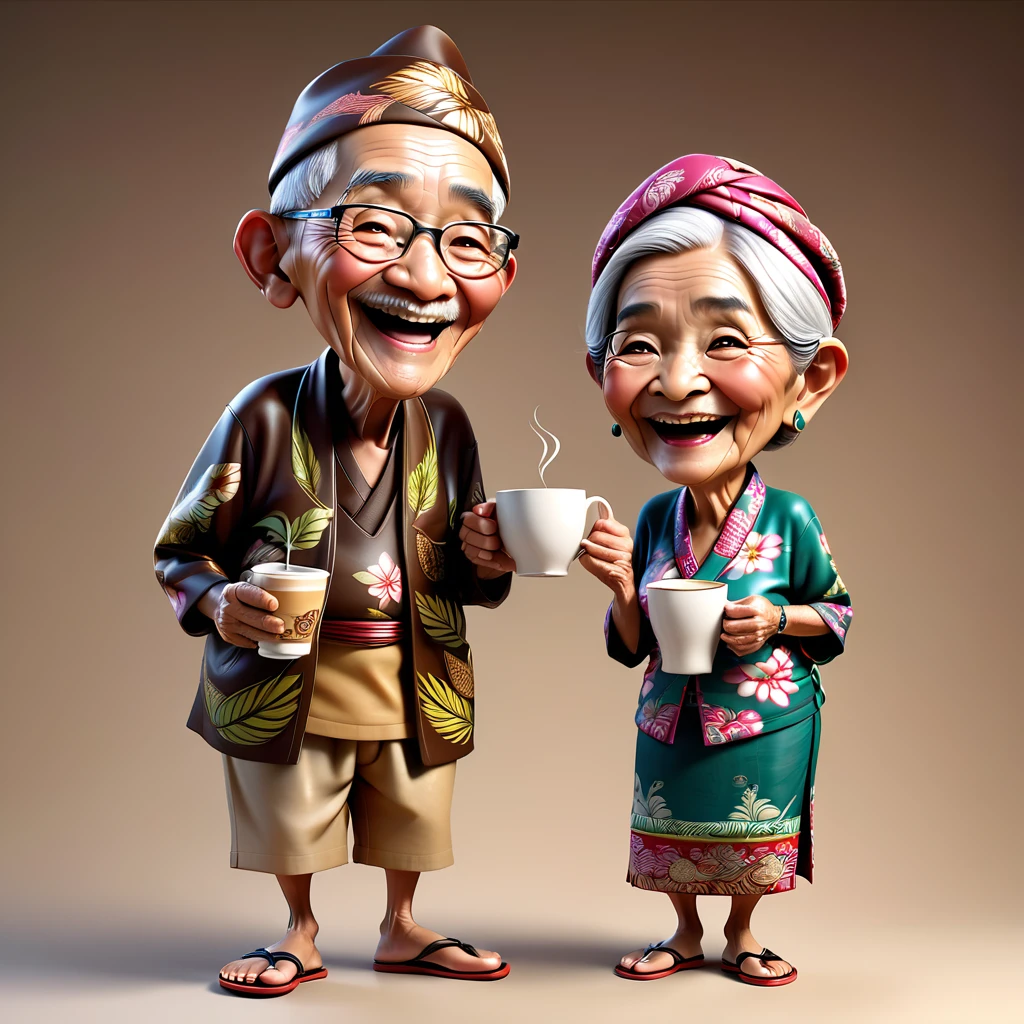 Full body 3D caricature of an Indonesian old grandmother and grandfather, aged 79 years, with a large head, detailed wrinkles on their skin, enjoying a cup of coffee. laughing face to face, they are wearing traditional Javanese sarongs and batik clothes, including flip-flops, on a brown background.