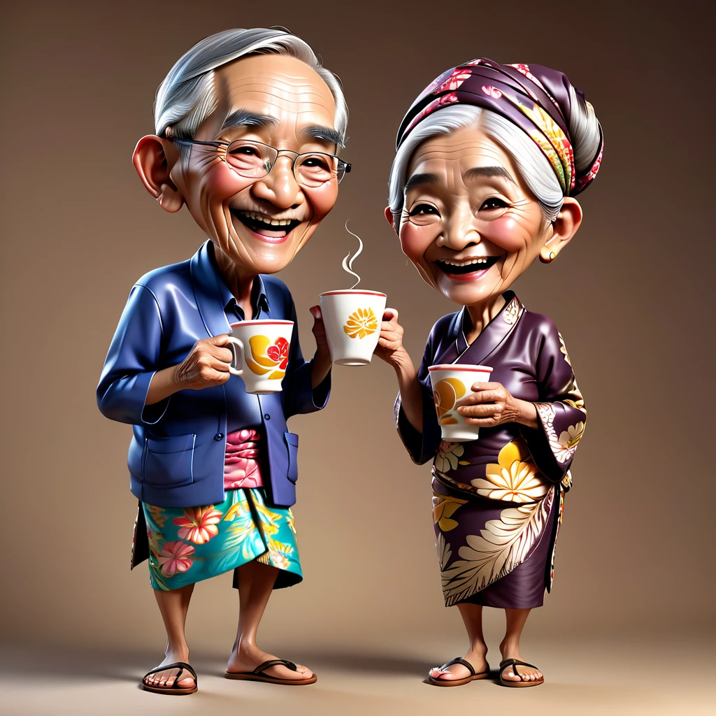 Full body 3D caricature of an Indonesian old grandmother and grandfather, aged 79 years, with a large head, detailed wrinkles on their skin, enjoying a cup of coffee. laughing face to face, they are wearing traditional Javanese sarongs and batik clothes, including flip-flops, on a brown background.