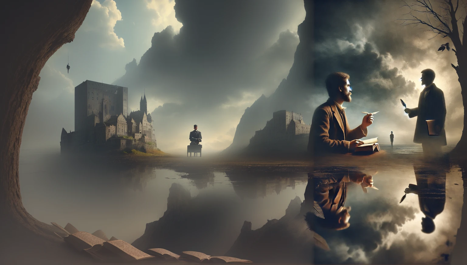 There is a man sitting on a bench with a knife and a book., By Artur Tarnowski, Surreal existentialism, Kurt Loesch, Great composition, surreal photos, Edit Photos, Surreal composition, surreal gediminas pranckevicius, Collage Style Jose Bae Loruza, By Alexander Kucharski, matte painting of human mind