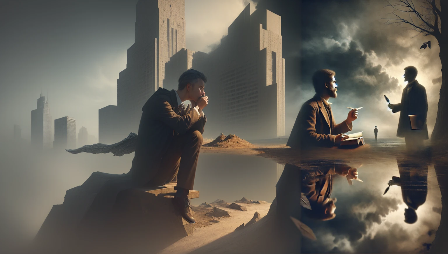 There is a man sitting on a bench with a knife and a book., By Artur Tarnowski, Surreal existentialism, Kurt Loesch, Great composition, surreal photos, Edit Photos, Surreal composition, surreal gediminas pranckevicius, Collage Style Jose Bae Loruza, By Alexander Kucharski, matte painting of human mind