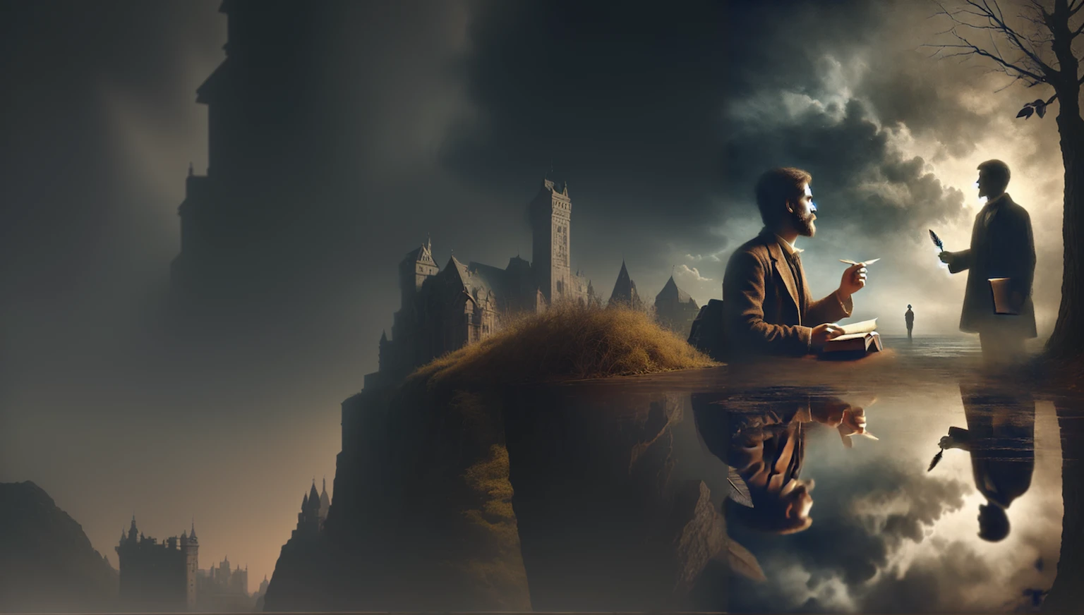 There is a man sitting on a bench with a knife and a book., By Artur Tarnowski, Surreal existentialism, Kurt Loesch, Great composition, surreal photos, Edit Photos, Surreal composition, surreal gediminas pranckevicius, Collage Style Jose Bae Loruza, By Alexander Kucharski, matte painting of human mind