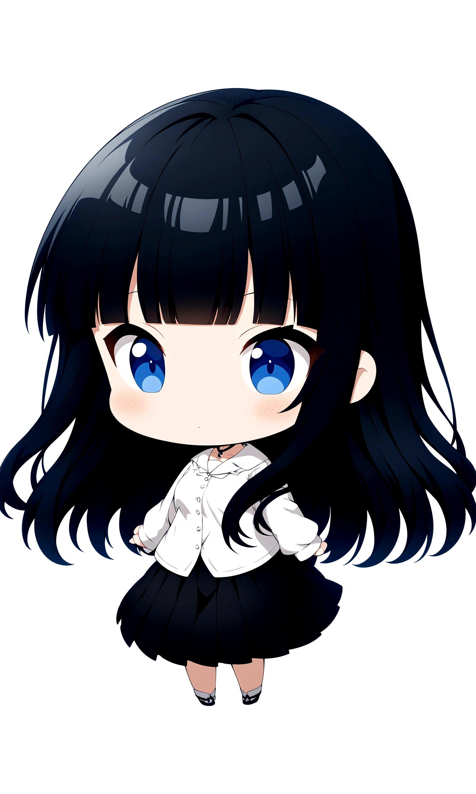 chibi\(style\),whole body、Black Hair、blunt bangs、Semi-long hair、White shirt,Black Stretched Skirt、1 girl, 2D CG, Advanced digital anime art, anime character、Background white