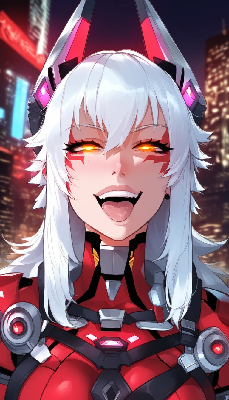 score_9, 
gesugao, evil smile, open mouth, sadistic, half-closed eye, glowing eyes, 
zentreya, zencyber, red bodysuit, white hair, 
upper body, looking at viewer, 
futuristic, outdoors, city, neon, night, dark, 
high resolution, Masterpiece