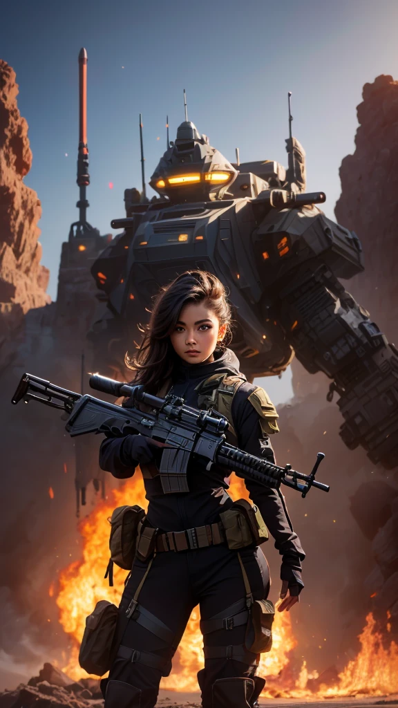 a woman holding a weapon in front of a spaceship, hyperrealistic fantasy art, eternal fatality, female assault soldier, sky planet background, inspired by Jan Victors,  with shotgun in foreground, oriana, grey orange, Dune (2021) --16:9 ratio, 5.1 sound