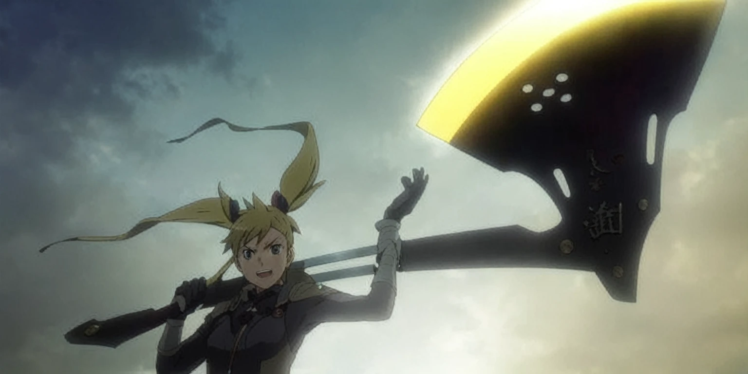 anime character holding a sword in front of a cloudy sky, today's featured anime still, in the anime film, screenshot from the anime film, screenshot from a 2012s anime, anime movie screenshot, anime still, still from anime, anime still image, kaiju no 8 , anime still frame, an epic anime of tuff luck, anime screencap