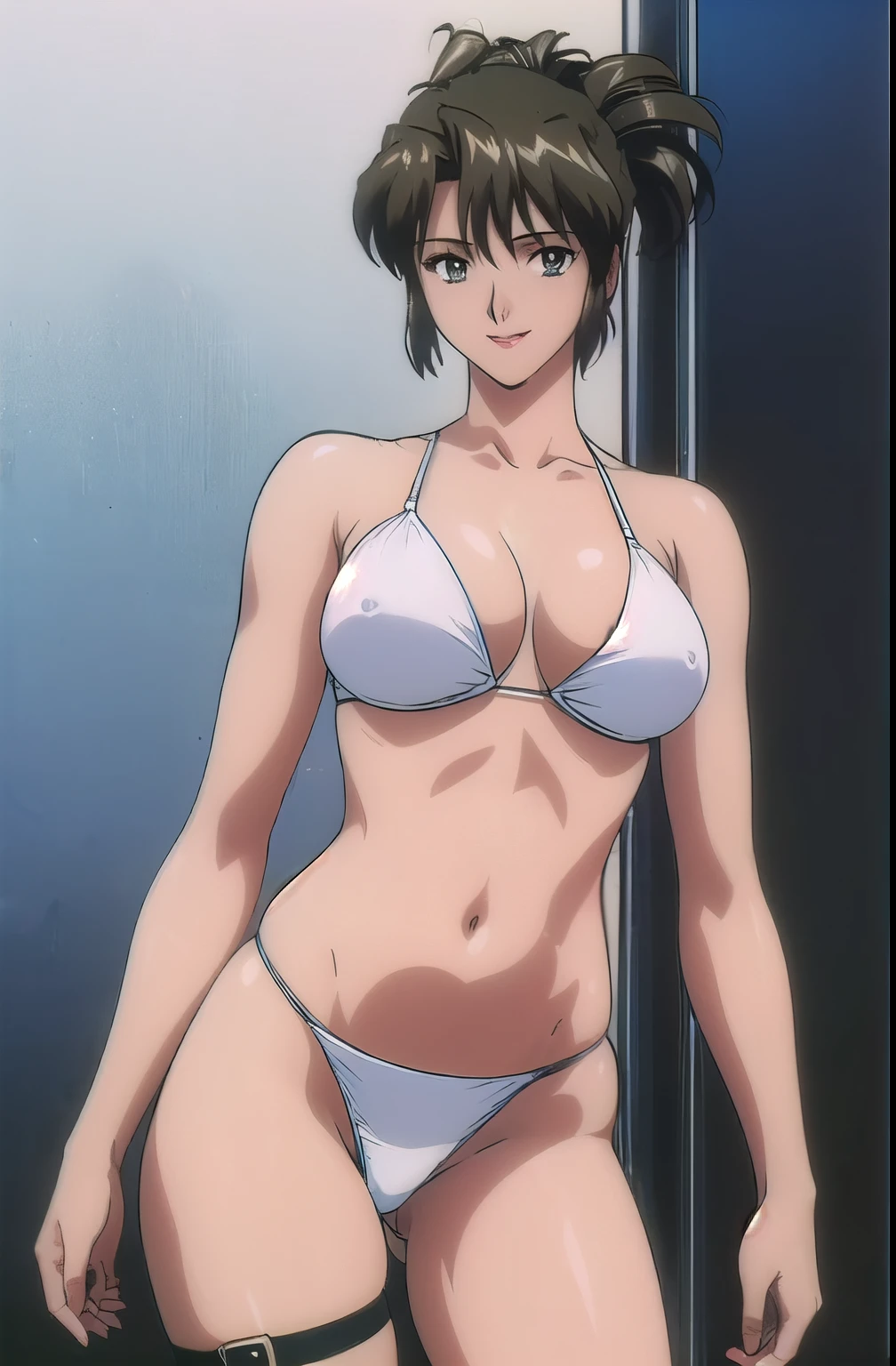masterpiece, best quality, looking at viewer, (upper body:1.7), medium height, ultra detailed, (toned arms:1.5), (on-shoulders:1.5), (mini thong:1.8), (black hair), (smile:1.5), folded ponytail, locker room, bright image, (ultra detailed white bikini:1.5), hot colors, (leg strap:1.5), closed fists, lip stick, smile, very big breasts with perky nipples, big cleavage, white skin, lights, high brightness, wide hips, groin line, white skin, (long belly:1.3)