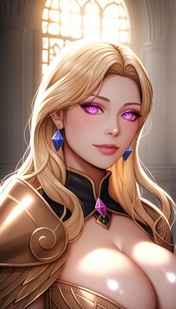 (1 girl), full bodyesbian,Saint Seiya Armor, Wearing the golden armor of an Aries,sexy armor, Detailed armor pattern,Bling armor,Gorgeous Hair in Long Purple,big breasts,gigantic cleavage breasts:1.6, Long hair,Shiny skin:1.4,primitive,tmasterpiece,ultra fine photos,,best qualtiy,Ultra-high resolution,Photoreality,rays of sunshine,full-body portraits,stunningly beautiful,,dynamicposes,delicated face,Vibrant eyes,(seen from the side),Red and gold color scheme,Very detailed stone temple background,detailed face with,Detailed and complex busy background,untidy,opulent,Highly detailed skin,Realistic details of skin,Visible Pore,tack sharp focus,volume fog,8K UHD,digital SLR camera,high qulity,filmgrain,White skin of the,photo-realism,DL, look from down, semi transparent, earrings,long earrings ,close up