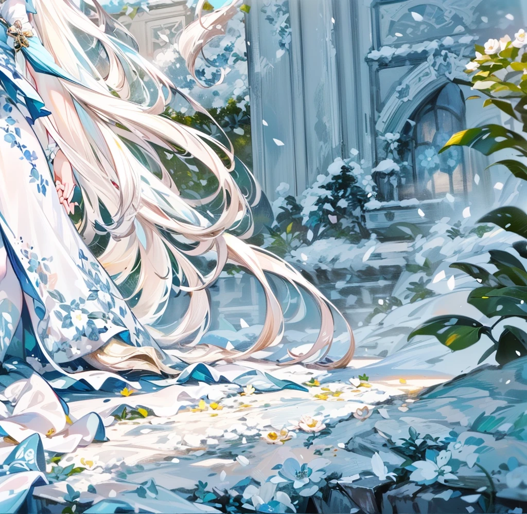 ((best quality,masterpiece,Extremely complex and exquisite details)),White long straight hair,(correct anatomy,Holding hands on the ground),(Exquisite light blue and white clothing,Beautiful bright and exquisite snow white ancient style high transparent architectural background),(Rose,Snow,Falling Flowers,Majestic and elegant outdoors)