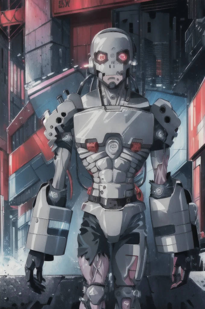 ((masterpiece,Highest quality)), (Glowing neon red light, Cyberpunk City ),
andromon_Digimon, Upper Body,
alone, View your viewers, Dynamic pose,
Neon Light, Structure of the film,
Realistic images, highest quality, evil aura, rage, grotesque