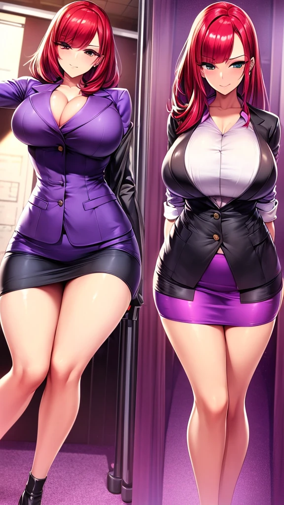 An attractive sexy hex girl with a big breast wears red hair, a tousled cut, her green eye, wears a purple button-down office coat and a long purple skirt with a black heel.