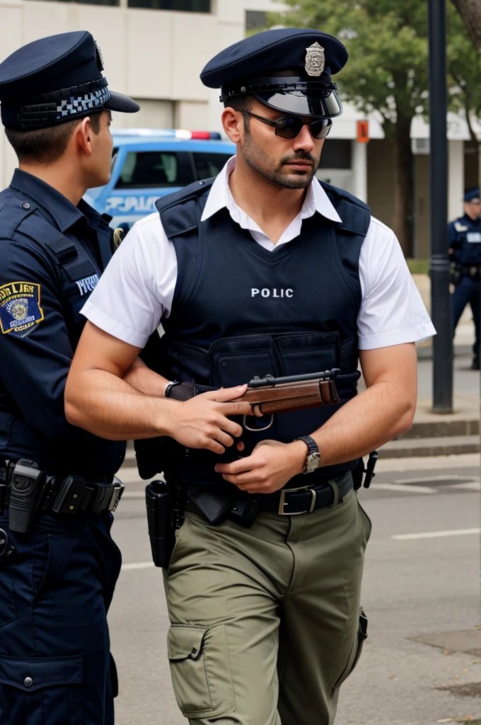 A man holding gun infront police officer