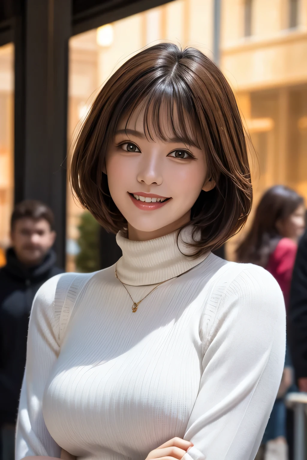 ((masterpiece)), ((Highest quality)), ((Complex)), ((Surreal)), (Realistic), (Mature Woman), ((No classes)), Very detailed, (1 female), Beautiful and detailed, (Beautiful Teeth), Grin, Brunette Bob Hair, Brown eyes, (Turtleneck sweater), (Upper Body), (background: underground), detailed background, Perfect Eyes, Captivating eyes, Looking at the audience, from before