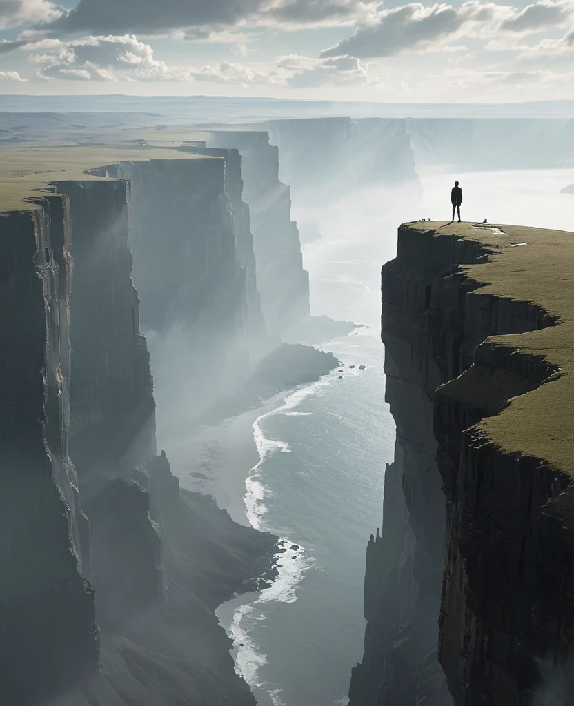 A person standing alone on a cliff overlooking a vast landscape,