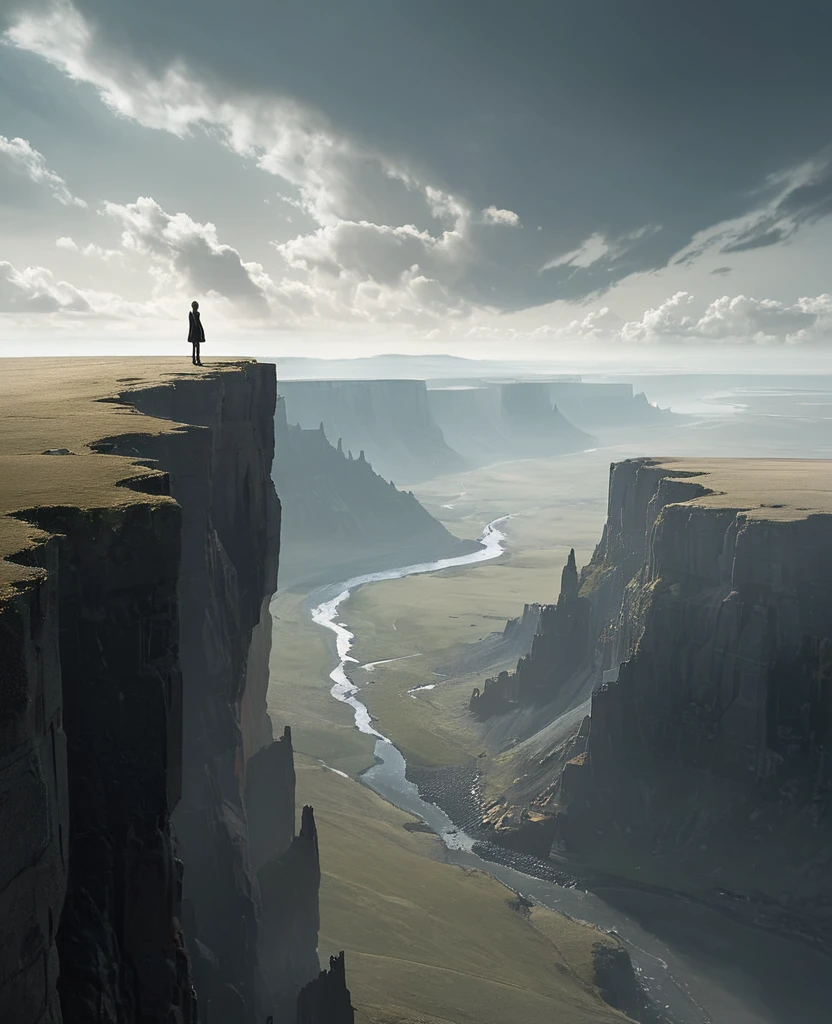 A person standing alone on a cliff overlooking a vast landscape,
