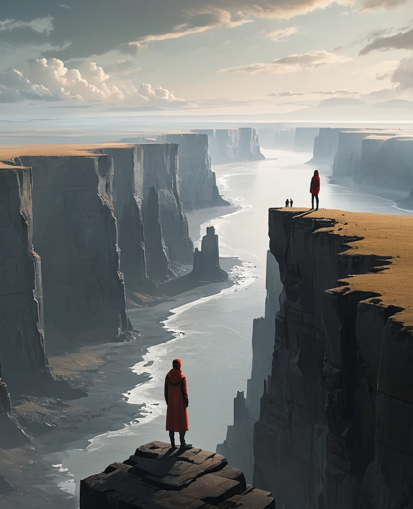 A person standing alone on a cliff overlooking a vast landscape,
