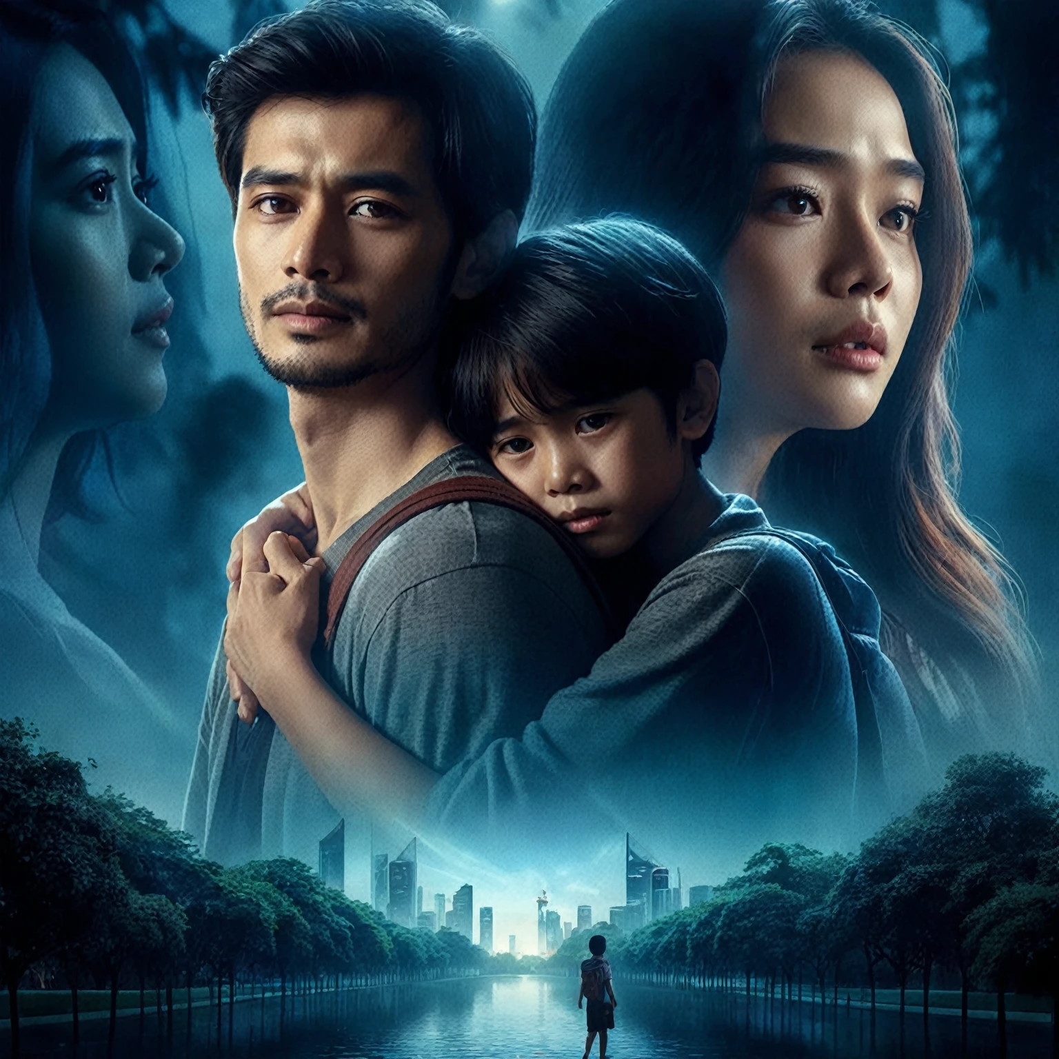 romantic Indonesian film poster, about long distance love, close up shot of a man and a old boy walking in a park while hugging, in the background there is a woman with long hair crying while looking at the two of them, they are gaze at the camera, focus on faces, stunning depiction of a realism surreal film poster, stunning abstract background with the shadow of a city, dark blue cinematic lighting, photorealistic, realistic human, UHD 1536px, high quality photos.