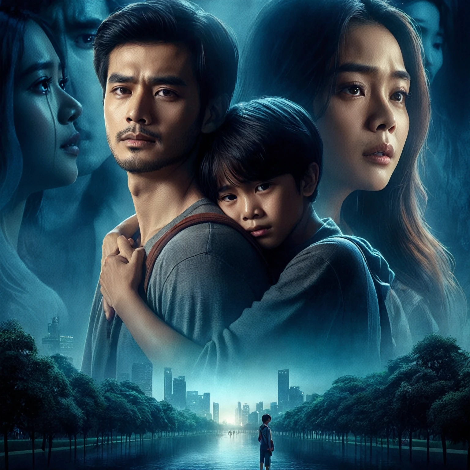 Indonesian romance film poster, about long distance love, close up shot of a man and a 10 year old boy walking in a park while hugging, in the background there is a woman with long hair crying trying to reach at of them, they are gaze at the camera, focus on faces, stunning depiction of a realism surreal film poster, Amazing abstract background with the shadow of a malay city, lens flare, fogging effect, photorealistic, realistic human, UHD 1536px, high quality photos.