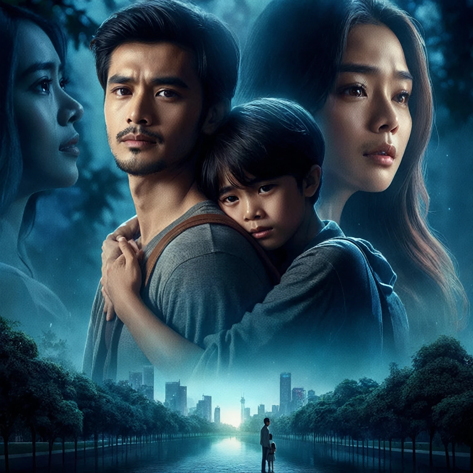 romantic Indonesian film poster, about long distance love, close up shot of a man and a 10 year old boy walking in a park while hugging, in the background there is a woman with long hair crying while looking at the two of them, they are gaze at the camera, focus on faces, stunning depiction of a realism surreal film poster, stunning abstract background with the shadow of a city, dark blue cinematic lighting, photorealistic, realistic human, UHD 1536px, high quality photos.