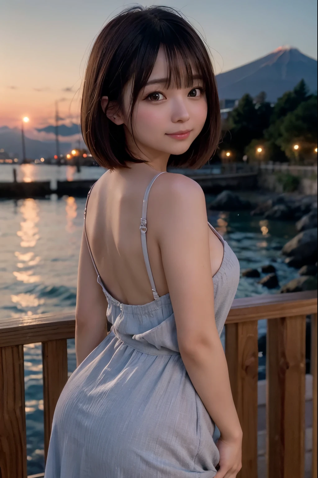 Coast, Waves, Serene Twilight, Water Reflection, 
Widephoto Lens:1.2, 
Mount Fuji Background Right:1.8, 
Tombolo with Onshore Lighthouse Tower Background Left:1.8, 
Winding Congested Coastline on Right with Illuminated Street Lamps Along Shore, 
 BREAK 
Grassy Park Foreground, 
 BREAK 
1 Japanese Girl, Very Short Bob Cut:1.8, Wide-Set Eyes, Very White Skinned, Blush, Bashfully, 20-Year-Old, Open Mouse Slightly, 
Brown Hair, 
Light Smiling, Cheerful, 
Looking Back Viewer, 
Medium Shot, 
On Wooden Deck, 
Perfectly Anatomically Correct:1.0, SFW:1.0, 
 BREAK 
8K, RAW Photo, Best Quality, Masterpiece, Realistic, PhotoRealistic, Extremely Detailed 8K Wallpaper, Beautifully Detailed Eyes, Finely Detailed Face, 
High-Key Lighting, Professional Lighting, Cinematic Lighting, Sidelighting, Bokeh