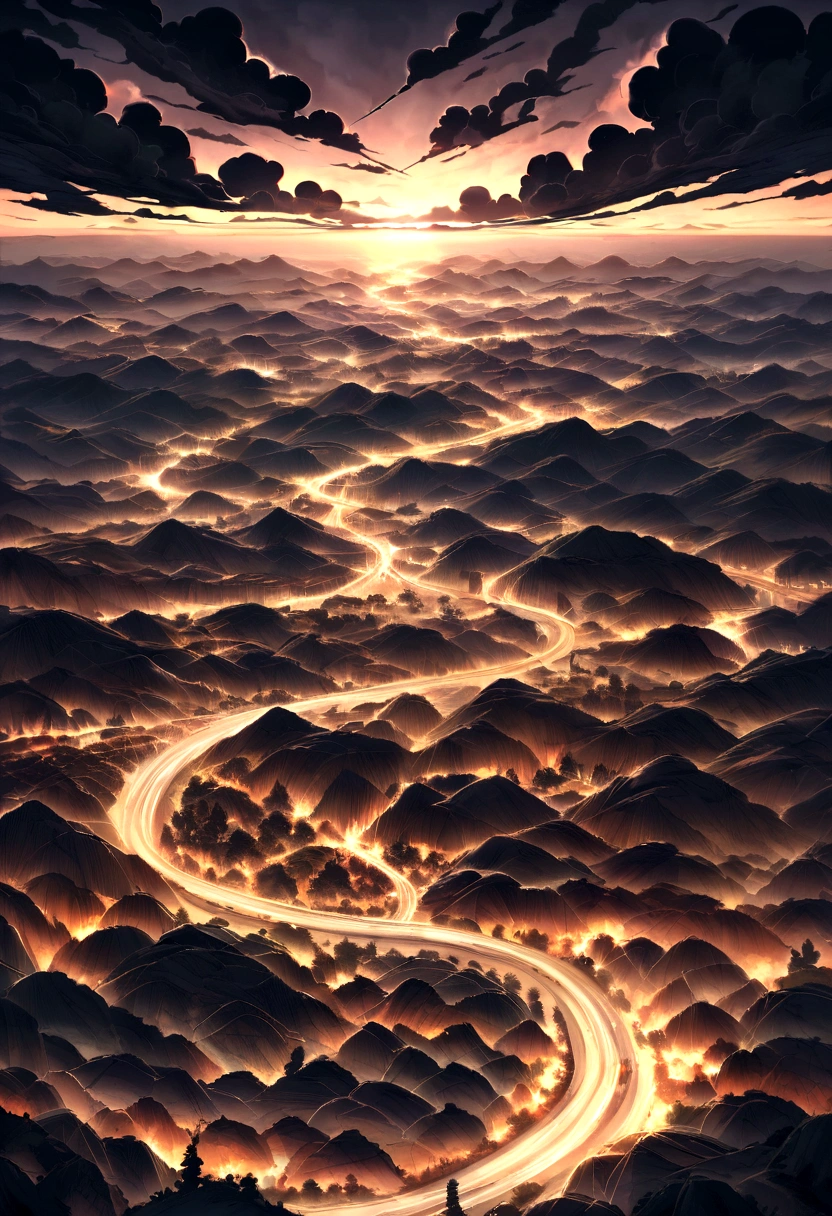 Black gold thunder and lightning，Thunderstorm clouds，destroy，level off hilltops，lightning，universe，Beyond，world，surface，highway，