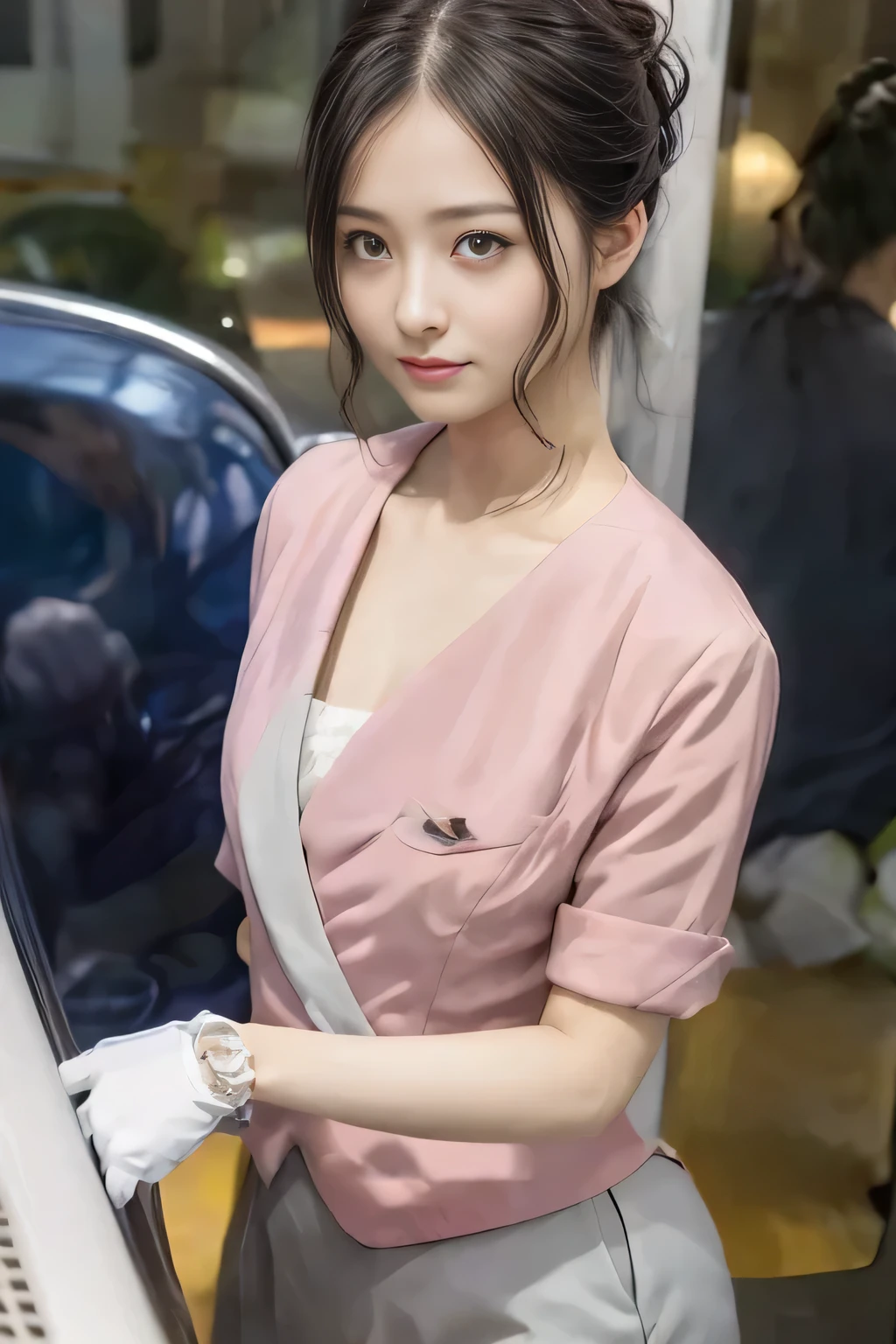 Showing your belly button、(masterpiece:1.2, Highest quality:1.2), 32k HDR, High resolution, (alone、1 girl)、 (Height: 160cm)、(On the rooftop of a building in the daytime、Professional Lighting)、Building rooftop background、(Nankai train crew uniform pinkを着たリアルスタイル)、(Nankai train crew uniform pink short sleeve collarless pink jacket、Nankai Train Crew Uniform Pink Collarless Short Sleeve Blouse、Nankai Train Crew Uniform Pink Grey Knee-length Culottes)、(The pink jacket is showing from the culottes.)、Dark brown hair、(Hair tied up、Hair tied up、Evening curly hairstyle)、Dark brown hair、Long Shot、Big Breasts、Thin legs、((Great hands:2.0)),((Harmonious body proportions:1.5)),((Normal limbs:2.0)),((Normal finger:2.0)),((Delicate eyes:2.0)),((Normal eyes:2.0)))、smile、(Nankai Train Crew Uniform Pink Grey Knee-length Culottesを見せた美しい歩く姿)、Place your hands around your stomach
