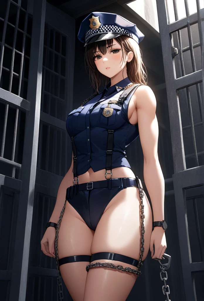 Highest image quality,Outstanding details,Ultra-high resolution,one-girl,Female prison guard,dark series,dark style,dark,mechs,She wears a sexy police uniform,Suspenders,Lace,In prison,She was in a cage,Robust body,Sexy and robust,Detailed abs,Detailed muscle lines,dynamicposes,Prison cage background,dim murky lights,grimy,soggy, Dirt stains cov,hand gun,Chains,rusted,handcuff,Highly detailed police uniforms,Highly detailed police cap,Police badge,wear police cap,Highly detailed police equipment,Normal body proportions,Normal face,Normal hands,frontage,fully body photo,Look from the bottom up,look from down, looki at viewer