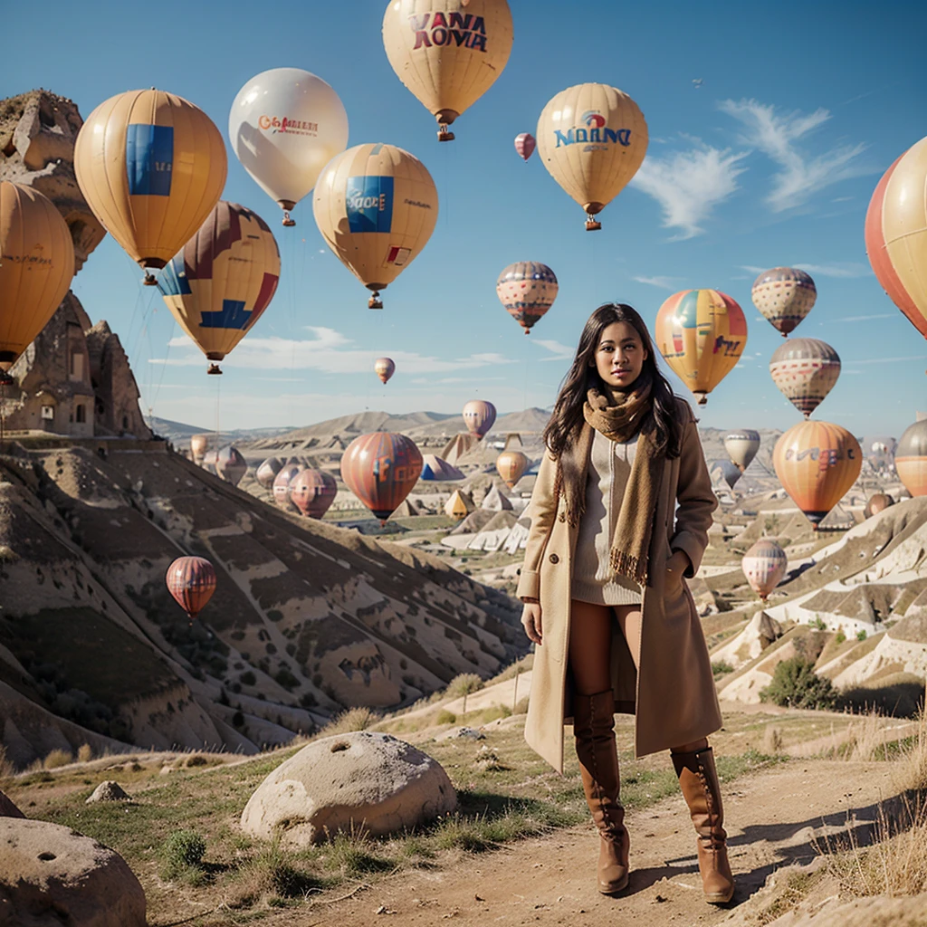 A beautiful 26 year old Indonesian woman wearing a beige coat, scarf and high boots poses elegantly with several giant colorful balloons in the sky of Cappadocia, Turkey.