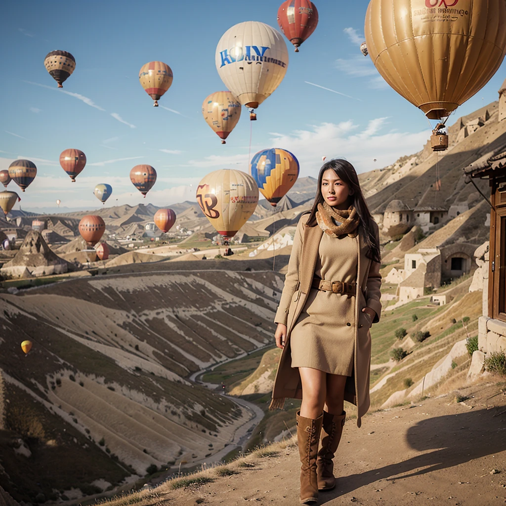 A beautiful 26 year old Indonesian woman wearing a beige coat, scarf and high boots poses elegantly with several giant colorful balloons in the sky of Cappadocia, Turkey.