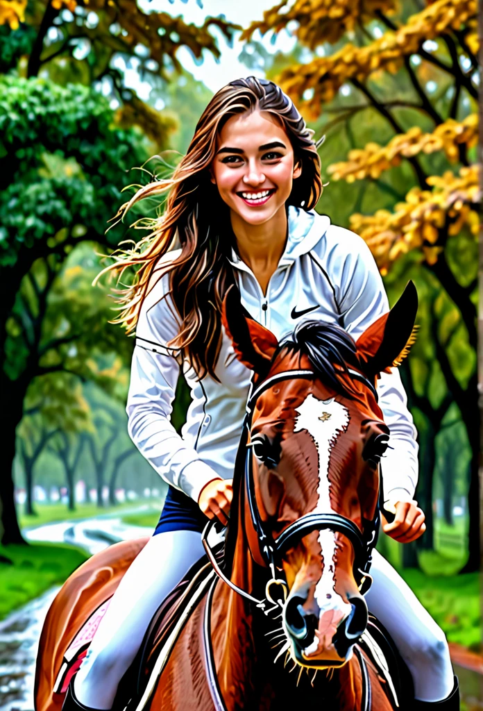 iphone Photo, RAW style , low light, (20 year old woman riding riding a brown horse, white saddle, during noon, raining weather, rain, , long brown hair, sporty body, beautiful detailed eyes, beautiful detailed lips, (beautiful smile) , extremely detailed face and features, long eyelashes, elegant woman, graceful pose, soft warm lighting, cinematic lighting, Simple bikini, highly detailed environment, photorealistic, 8k, hyper detailed, masterpiece, cinematic, digital art, concept art)