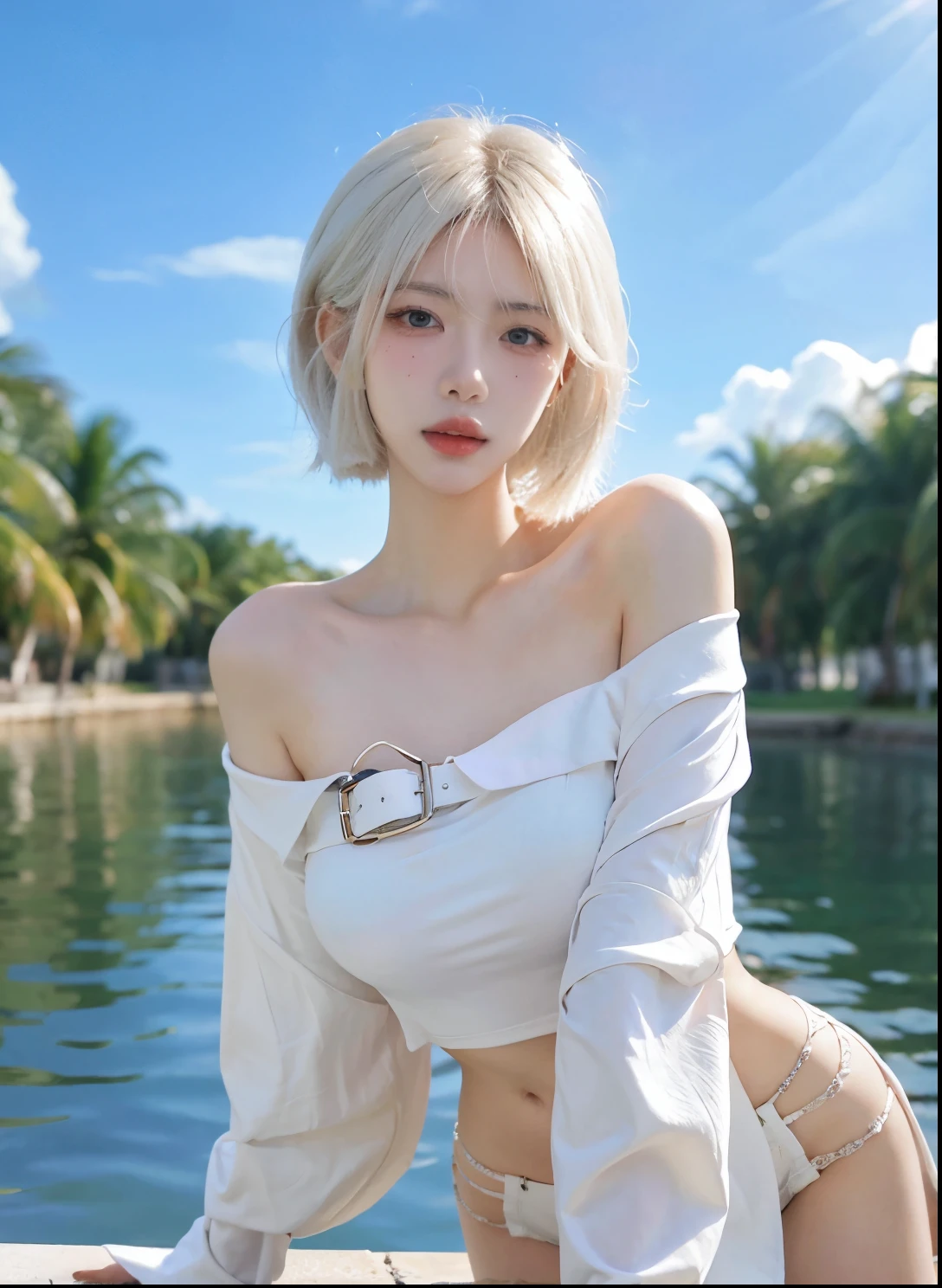 Beautiful woman with perfect figure:1.4，Swimming background，Desert Background，Ultra-high resolution，Seductive laughter，wear glasses，White legs，（lifelike：1.4），Layered Hairstyle，White皮肤，Black mini pleated skirt，whole body，Very delicate face and skin texture，Double eyelids，Skin Whitening，Long hair，White hair，White，