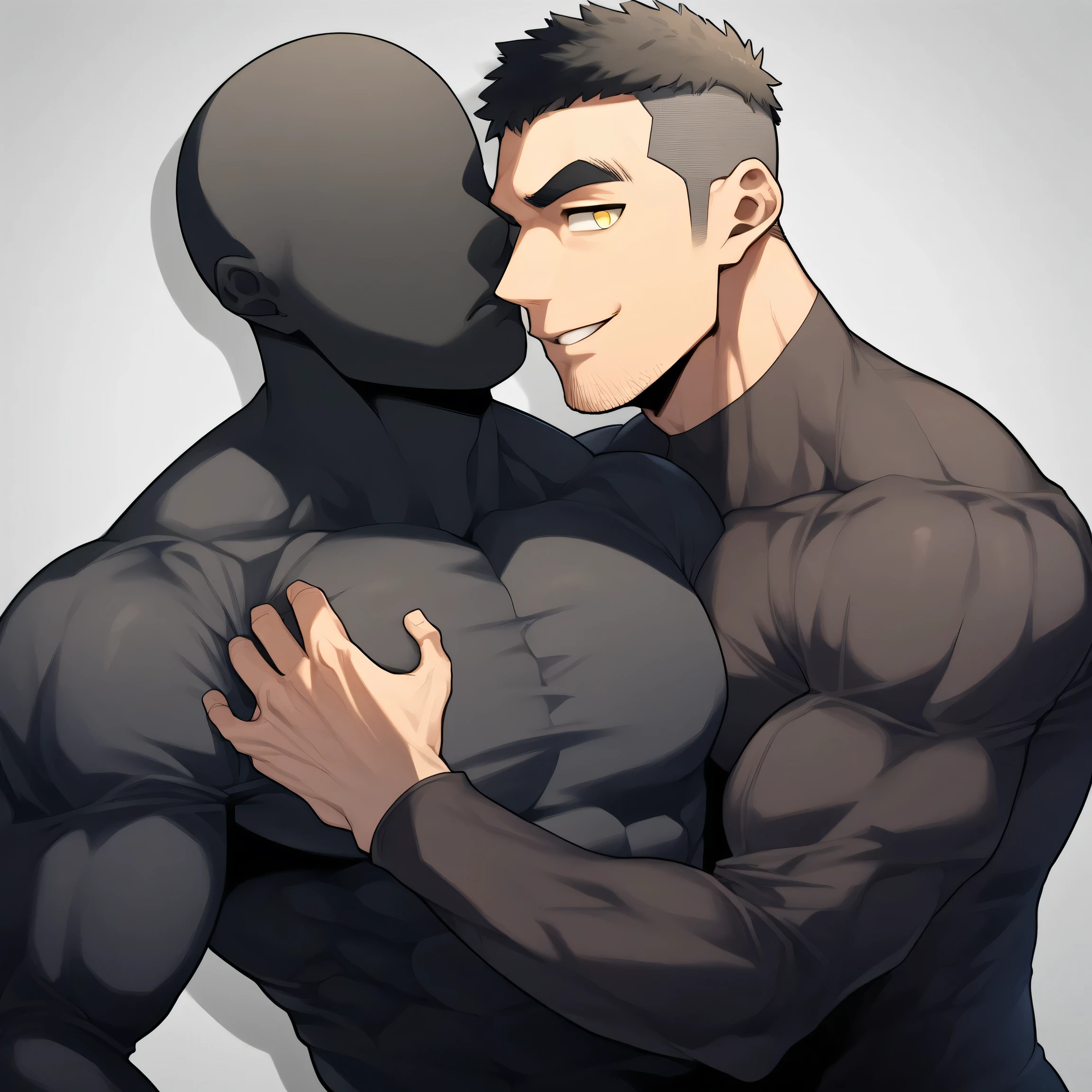 anime characters：Two superheroes in tights, Muscle Sports Student and Muscle No Face No Eyes skinhead superhero, No Face，negro black skin, They hugged and kissed each other, Bite your neck, Caress, Manliness, male focus, Yellow and black high collar long sleeve tight T-shirt, Slightly transparent material, Very tight, Round, full and perky chest muscles, Muscle waist, Slightly transparent, muscular male, muscular, only, Upper body, alone, Black short hair, Thick eyebrows, stubble, Yellow eyes, Grey background, simple background, amazing quality, best aesthetics, Ridiculous, bright pupils, crew cut, parted lips, seductive smile, torogao, naughty face, drop shadow, best quality