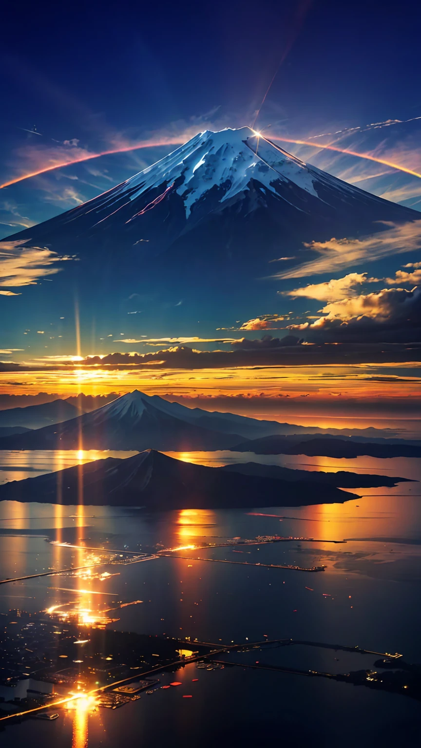 (Ultra-realistic:1.2), Lens flare、High resolution, (Bright colors, High resolution:1.1), (Sharp focus:1.1), (Physically Based Rendering:1.1), Tyndall effect, Colorful lights, (((Light shines through the gaps in the clouds))), Beautiful perspective, Contrasting Shadows, Moving configuration, Realistic scenery, unique configuration, Soft texture, Intricate details, Mysterious atmosphere, An artistic exploration of light and shadow,Angel Ladder、Golden dazzling light、Sunlight reflecting off the ocean surface、A world view that captivates all who see it、mount.Fuji Mountain