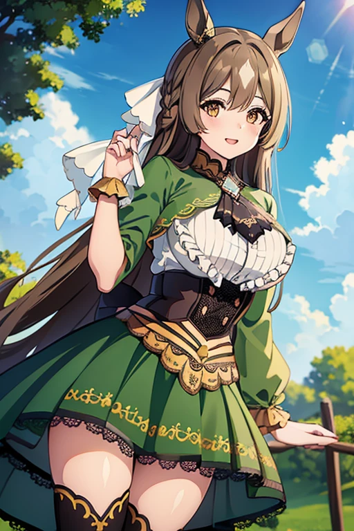 (masterpiece),(Highest quality:1.0), (Ultra-high resolution:1.0), Detailed illustrations, 8K, Pretty face, Big Breasts、Plump、Plump、noon、Frills, Black Ascot, Green Dress, (Sleeves are longer than the wrist:1.2), Black knee socks、whole body、grassland、Long Hair, Half Up, Braiding, Hair between the eyes, Animal ears, earrings, Horse tail、Cowboy Shot, Are standing, Outdoor, smile, Open your mouth
