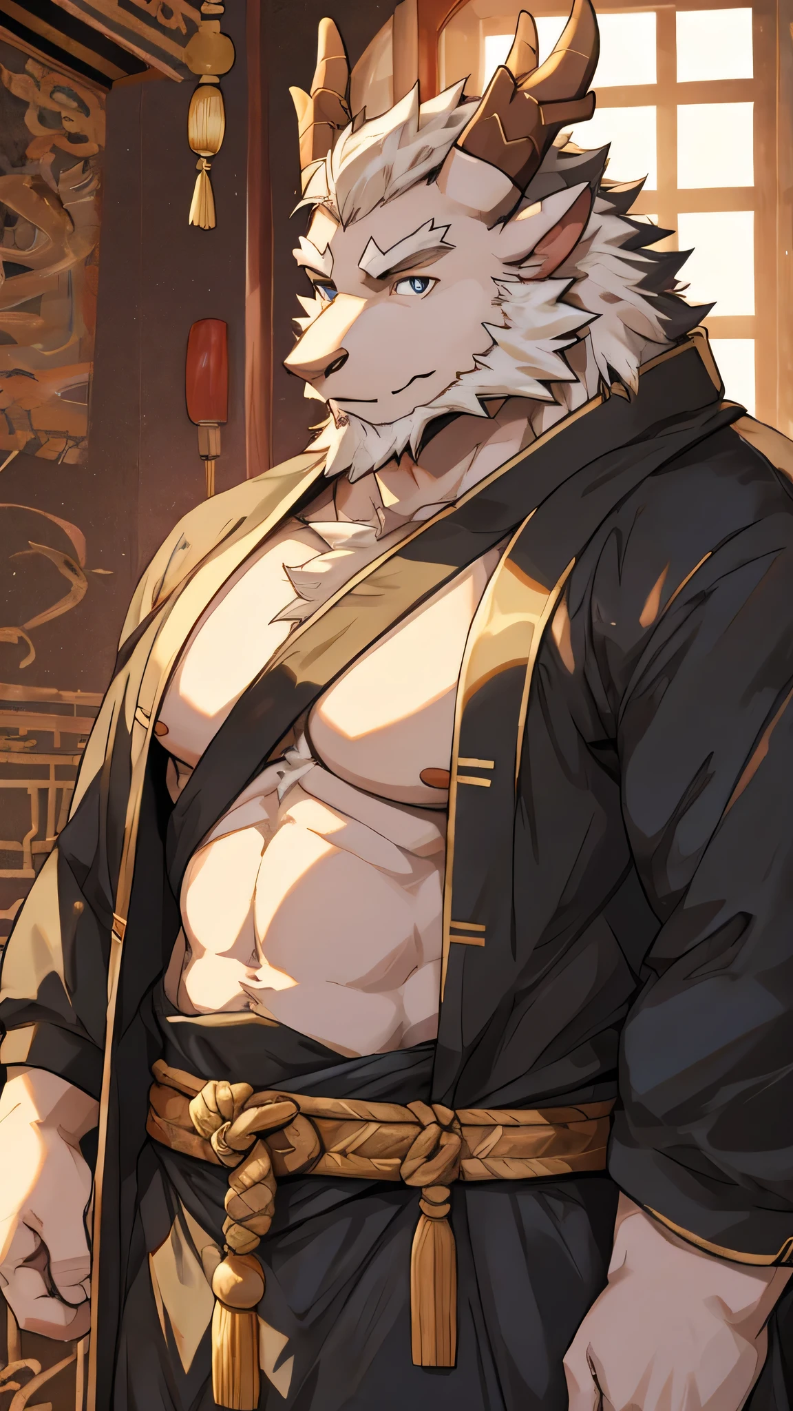 (white eastern dragon),furry,white mustache,big pecs,hearty males,muscular,black imperial robe,naked,adult,traditional_chinese_room,head portrait,(Chronically Wanted Criminal: 1.4)