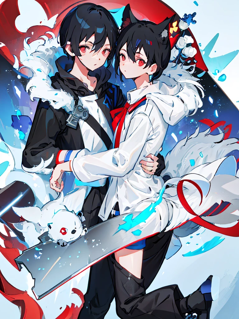 ,ears and tail with black spots,White fur,messy black hair,Red eyes, extroverted and arrogant,white long sleeve shirt and short blue shorts