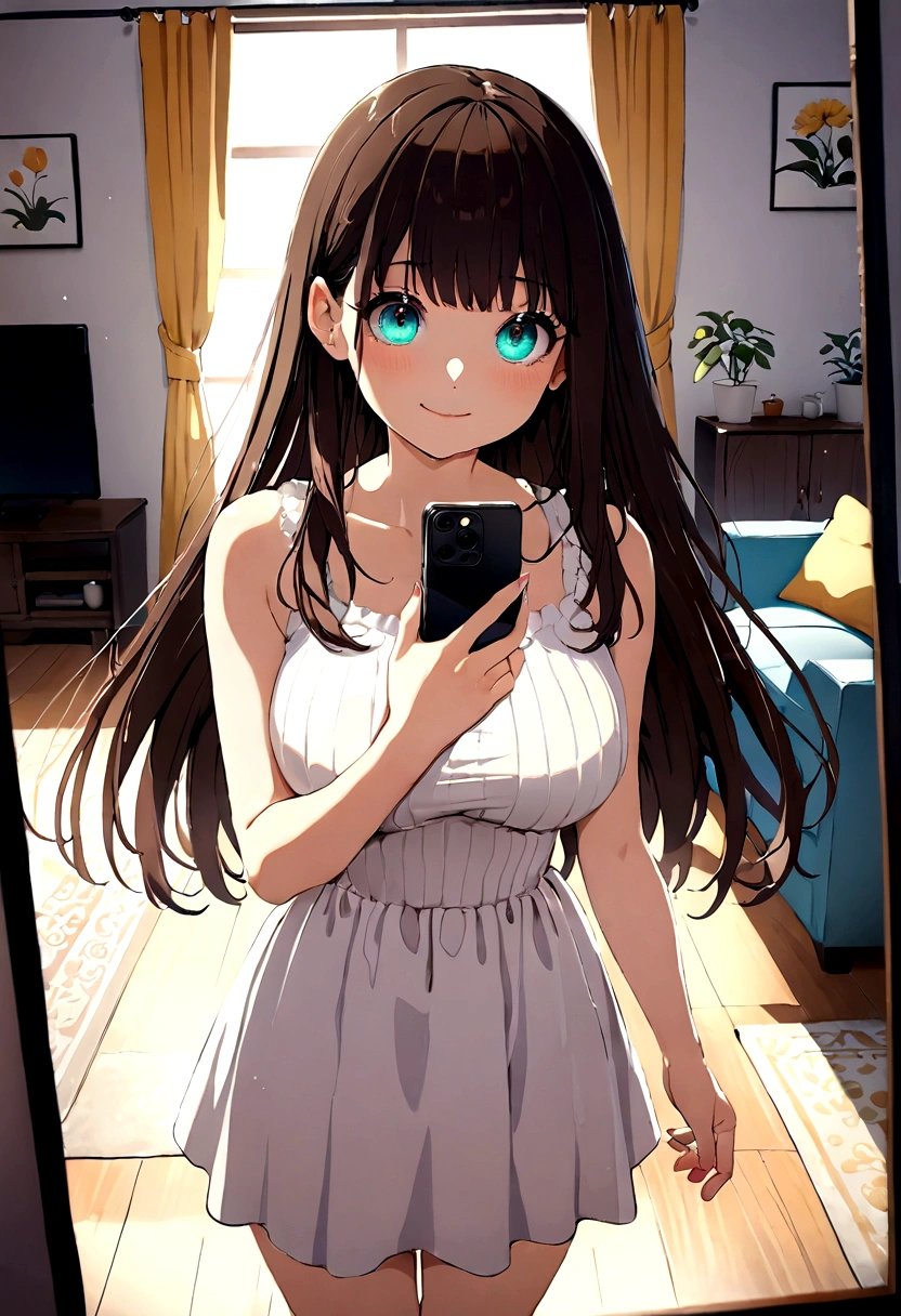 ((1girl)), super fine illustration, vibrant colors, absurdres extremely detailed CG, 8k wallpaper, (masterpiece:1.3), dynamic angle, dynamic pose,
best quality, depth of field, cinematic lighting, ultra detailed, brown long hair, very straight hair, large breast, white knit dress , 20yo, cute, very , kawaii, smile, droopy eyes, arms at sides, smartphone, modern living room, peace sign, The screen of the smartphone in his hand is facing towards me