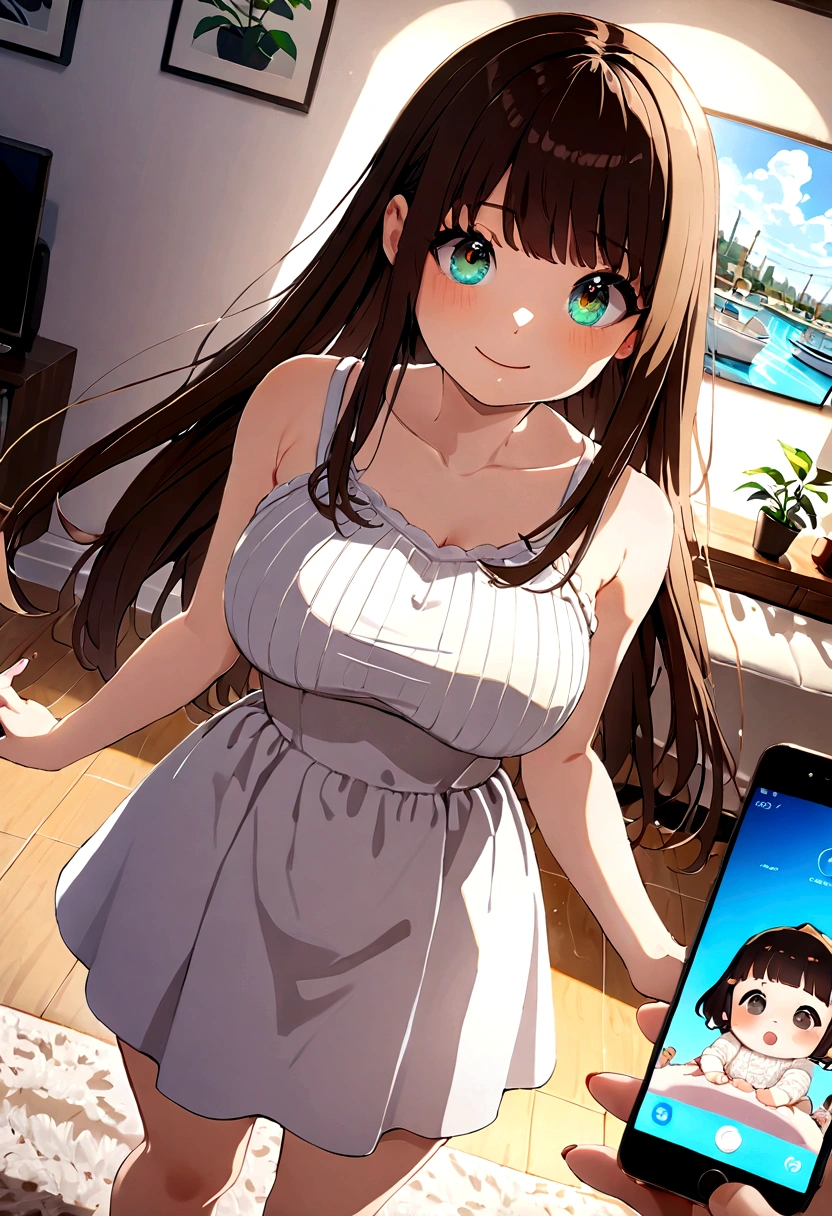 ((1girl)),  super fine illustration, vibrant colors, absurdres extremely detailed CG, 8k wallpaper, (masterpiece:1.3), dynamic angle, dynamic pose, 
best quality, depth of field, cinematic lighting, ultra detailed, brown long hair, very straight hair, large breast, white knit dress , 20yo, cute, very , kawaii, smile, droopy eyes, arms at sides, smartphone, modern living room, peace sign, The screen of the smartphone in his hand is facing towards me