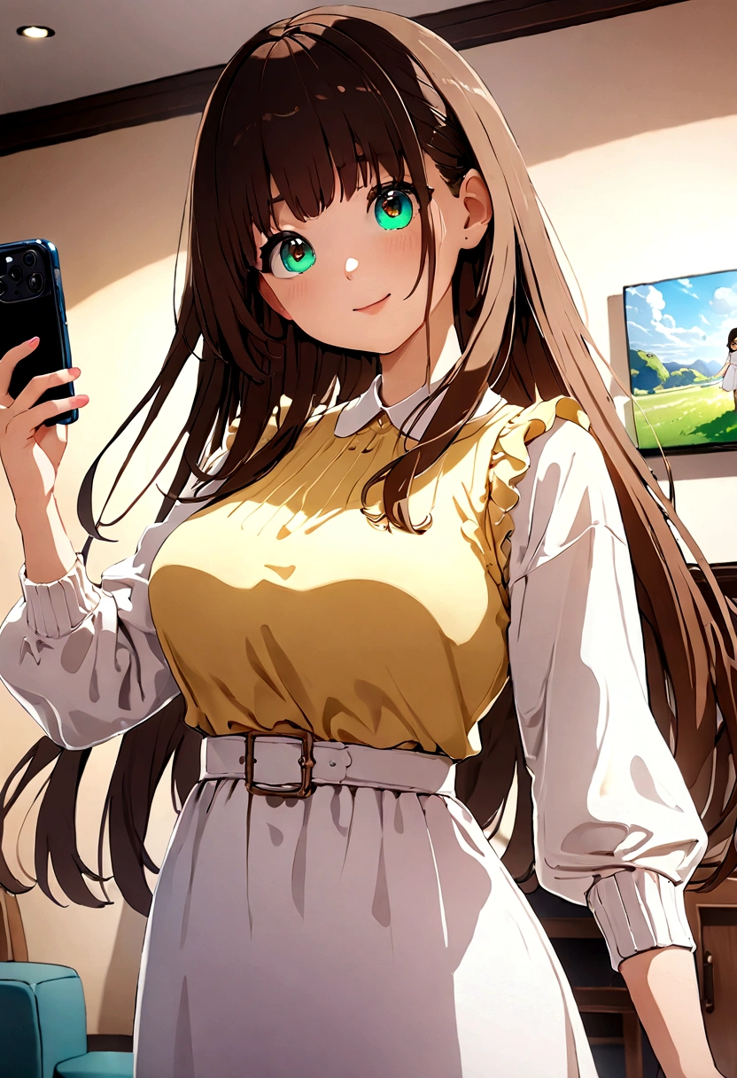 ((1girl)),  super fine illustration, vibrant colors, absurdres extremely detailed CG, 8k wallpaper, (masterpiece:1.3), dynamic angle, dynamic pose, 
best quality, depth of field, cinematic lighting, ultra detailed, brown long hair, very straight hair, large breast, white knit dress , 20yo, cute, very baby face, kawaii, smile, droopy eyes, arms at sides, smartphone, modern living room, peace sign, The screen of the smartphone in his hand is facing towards me