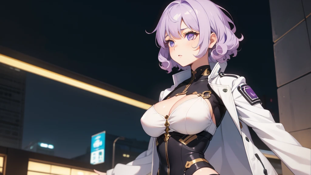 ((黒のwhole bodyタイツ)),
(masterpiece,Highest quality),1 ,whole body,(Light purple hair),Short Hair,Large Breasts,Curly Hair, Confused eyes,
White open jacket,Night Summer,