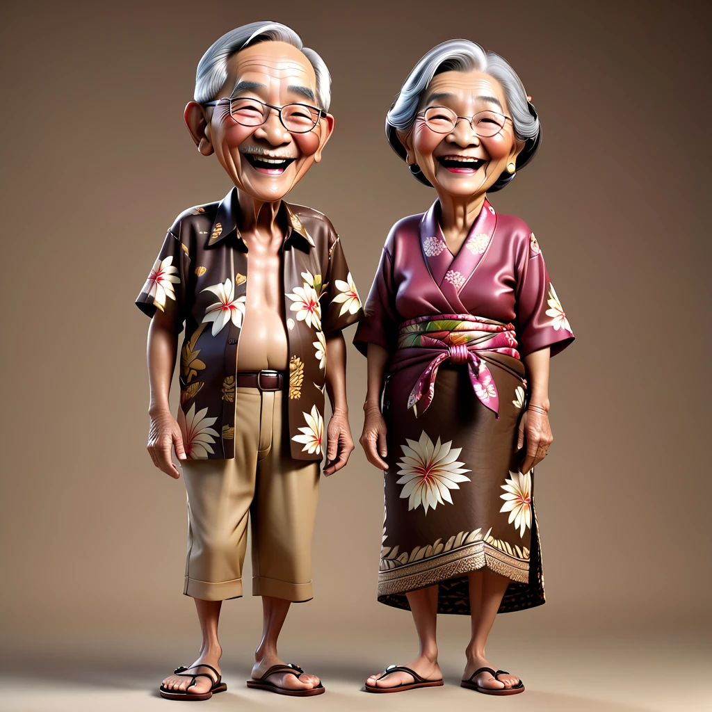 Full body 3D caricature of an Indonesian old grandmother and grandfather, aged 79 years, with a large head, detailed wrinkles on their skin, laughing , they are wearing traditional Javanese sarongs and batik clothes, including flip-flops, on a brown background.