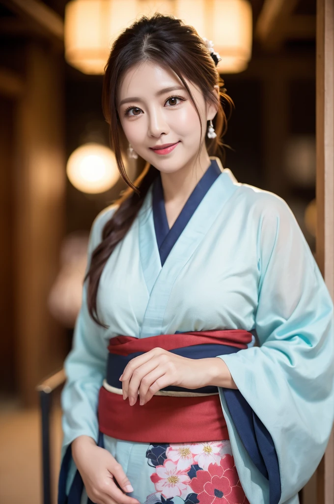 Face :9,1449314384], ulzzang-6500-v1.1, (RAW Photos:1.2), (Photorealistic), Beautiful Mature Woman VN01, Beautiful details, (Genuine: 1.4), Very detailedな目と顔, Beautiful and fine details,  (Japanese Kimono、Elegant Japanese pattern kimono、Komono)、Esbian all over、 (A very loving smile:1.2)、Large file size, High resolution, Very detailed, Highest quality, [masterpiece:1.6], Awareness-raising, Very detailed, Hmph, In detail, Highest quality, 8k wallpaper, Cinema Lighting, One mature woman, 37 years old, Perfect figure, Cute droopy eyes、Beautiful big eyes、((I keep my hair up and short))、 ((masterpiece)), Highest quality, One mature woman, eye shadow, Upper Body, Portraiture, ((Full Body Shot:1.23))、