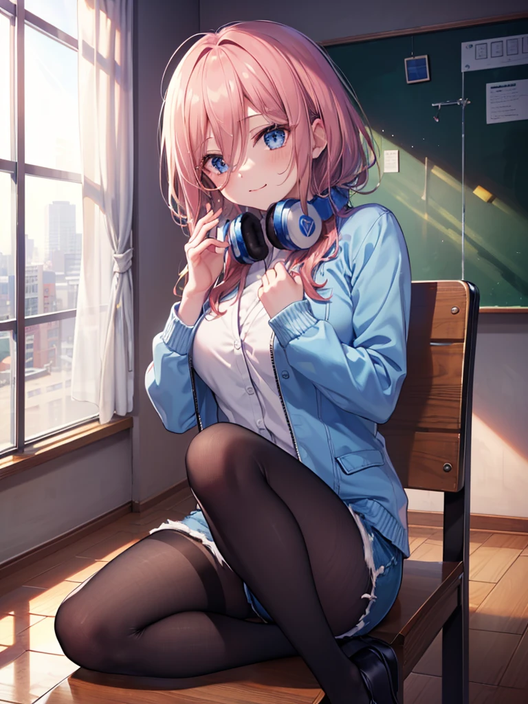 (8K, Highest quality, Highest quality, masterpiece), ((closed mouth, one cheek puffed out with held breath, jealousy)), (denim hot shorts), (mini shorts), big breasts, nm1, headphones around neck, long sleeves, blue cardigan, pantyhose, (fullbody), smile, school uniform, open jacket