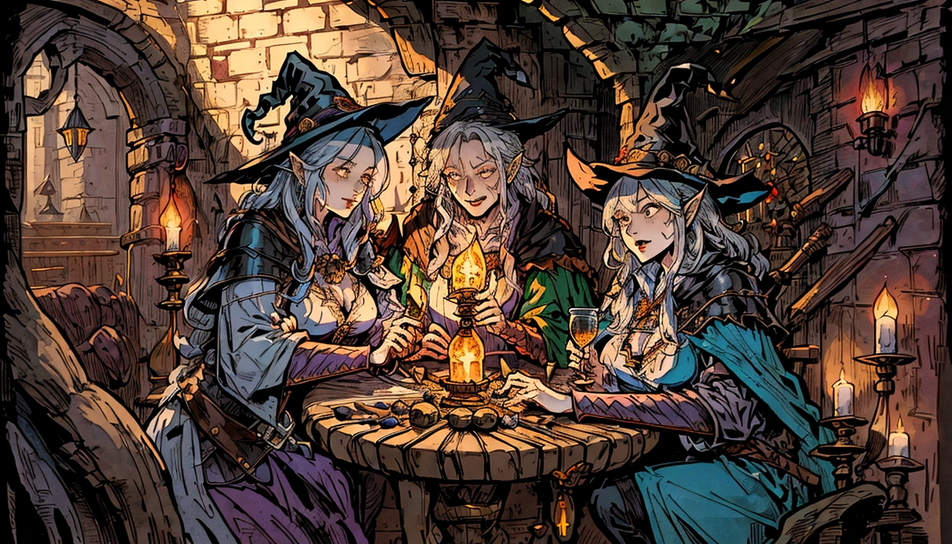 witch and wizard gathering in a tavern with candles and a clock, lawther sit at table playing dnd, high quality dnd illustration, roleplaying game art, dnd , fantasy card game art, card game illustration, dnd card art, epic fantasty card game art, a multidimensional cozy tavern, tavern background, epic fantasy card game art