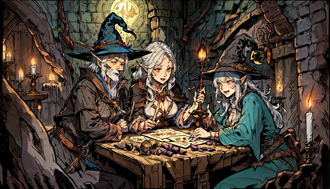 witch and wizard gathering in a tavern with candles and a clock, lawther sit at table playing dnd, high quality dnd illustration, roleplaying game art, dnd , fantasy card game art, card game illustration, dnd card art, epic fantasty card game art, a multidimensional cozy tavern, tavern background, epic fantasy card game art