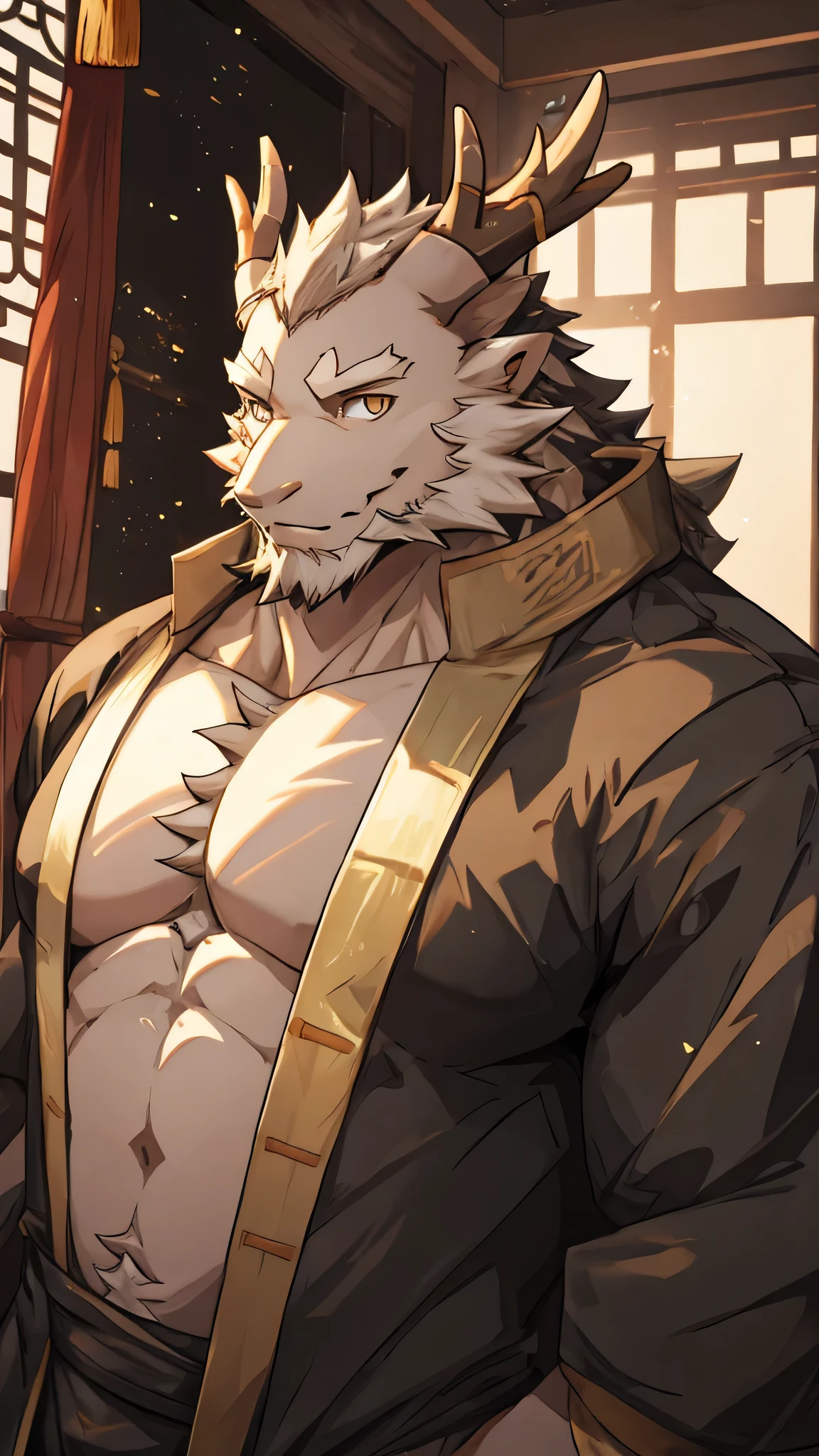 (white eastern dragon),furry,white mustache,big pecs,hearty males,muscular,black imperial robe,naked,adult,traditional_chinese_room,head portrait,(Chronically Wanted Criminal: 1.4)