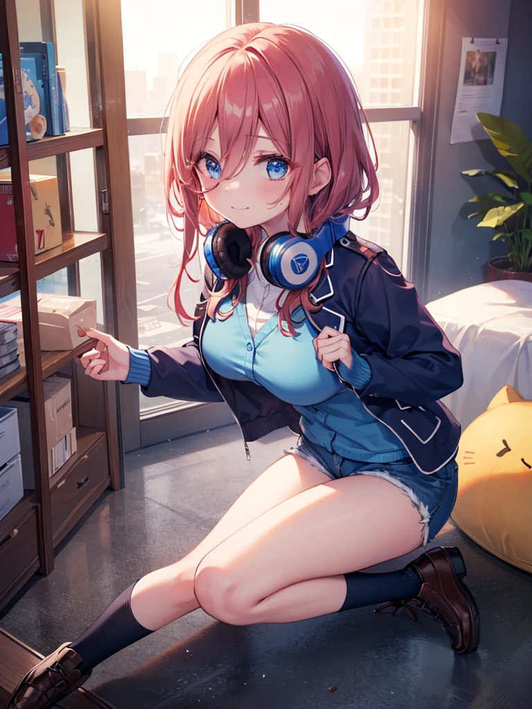 (8K, Highest quality, Highest quality, masterpiece), ((closed mouth, one cheek puffed out with held breath, jealousy)), (denim hot shorts), (mini shorts), big breasts, nm1, headphones around neck, long sleeves, blue cardigan, pantyhose, (fullbody), smile, school uniform, open jacket