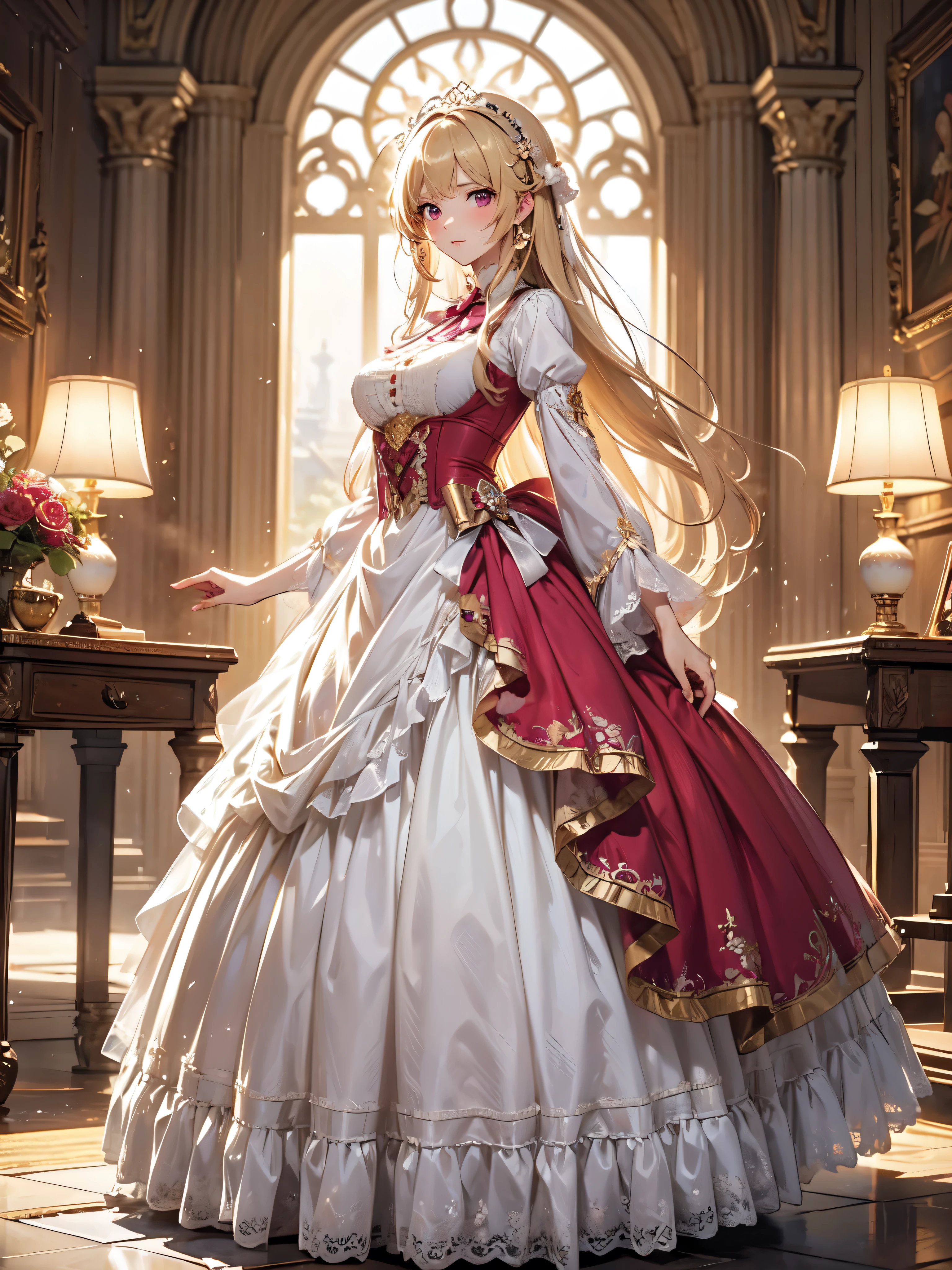 (((Ultra gorgeous beautiful dress is  magenta rococo victorian gown with hoopskirt and long hems))), (solo lady :1.2:huge breasts:1.2), (Expressive hair:1.2:very voluminous and very long hair:1.2), bangs, blonde hair, (full body:1.3), (super delicate face:1.3:masterpiece:1.3:ultra detailed:1.3:an extremely delicate and beautiful:1.2:unity 16k wallpaper:1.1), (moe anime art style:1.1),