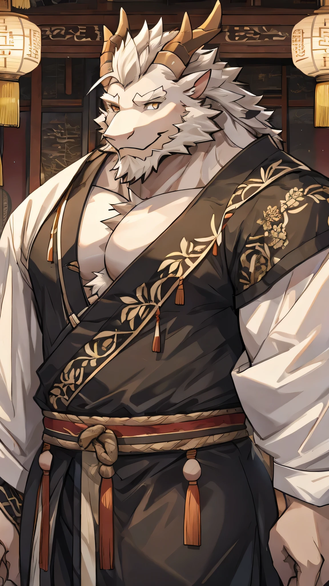 (white eastern dragon),furry,white mustache,big pecs,hearty males,muscular,black imperial robe,naked,adult,traditional_chinese_room,head portrait,scar,blood