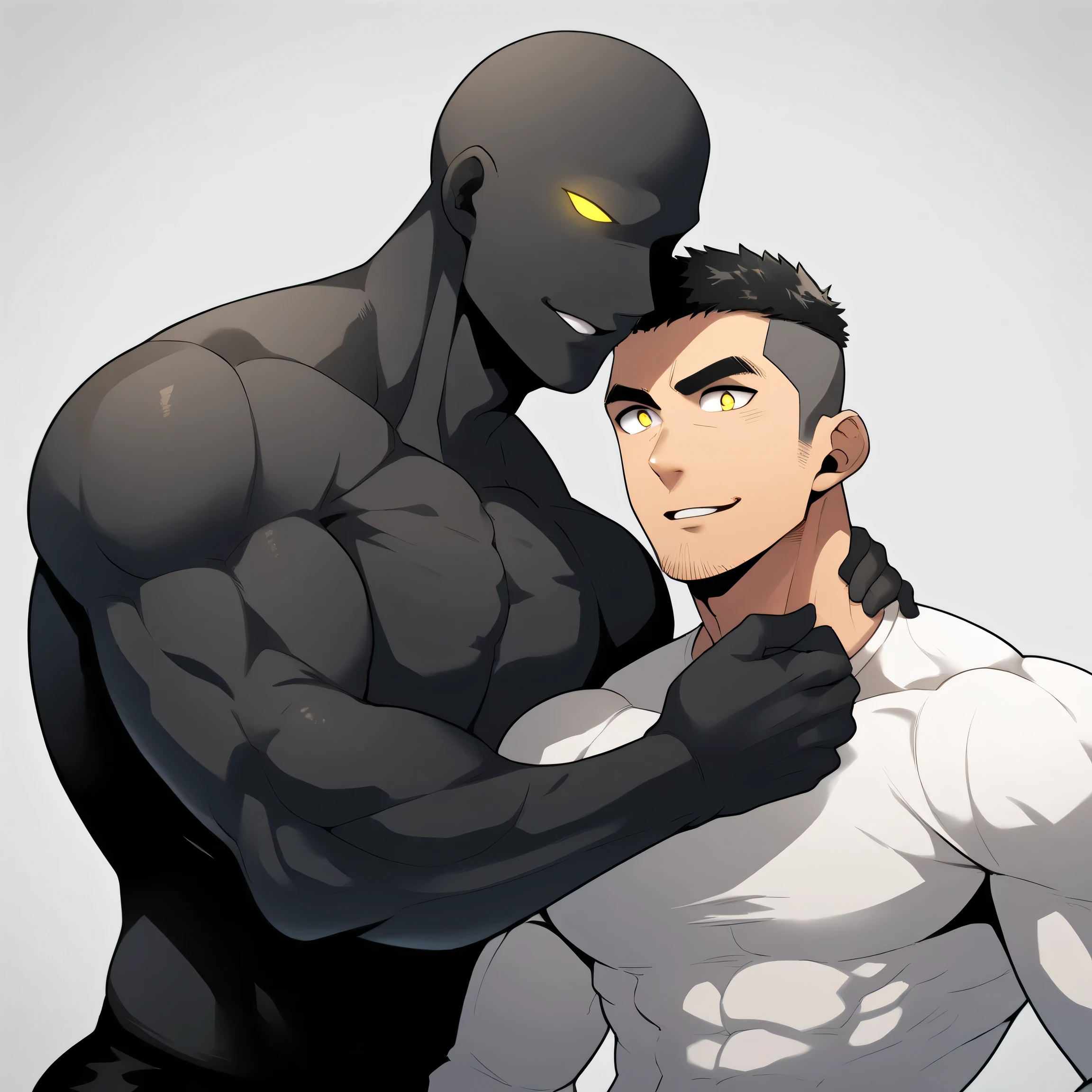 anime characters：Two superheroes in tights, Muscle Sports Student and Muscle No Face skinhead superhero, No Face，negro black skin, They hugged and kissed each other, Bite your neck, Caress, Manliness, male focus, Yellow and black high collar long sleeve tight T-shirt, Slightly transparent material, Very tight, Round, full and perky chest muscles, Muscle waist, Slightly transparent, muscular male, muscular, only, Upper body, alone, Black short hair, Thick eyebrows, stubble, Yellow eyes, Grey background, simple background, amazing quality, best aesthetics, Ridiculous, bright pupils, crew cut, parted lips, seductive smile, torogao, naughty face, drop shadow, best quality