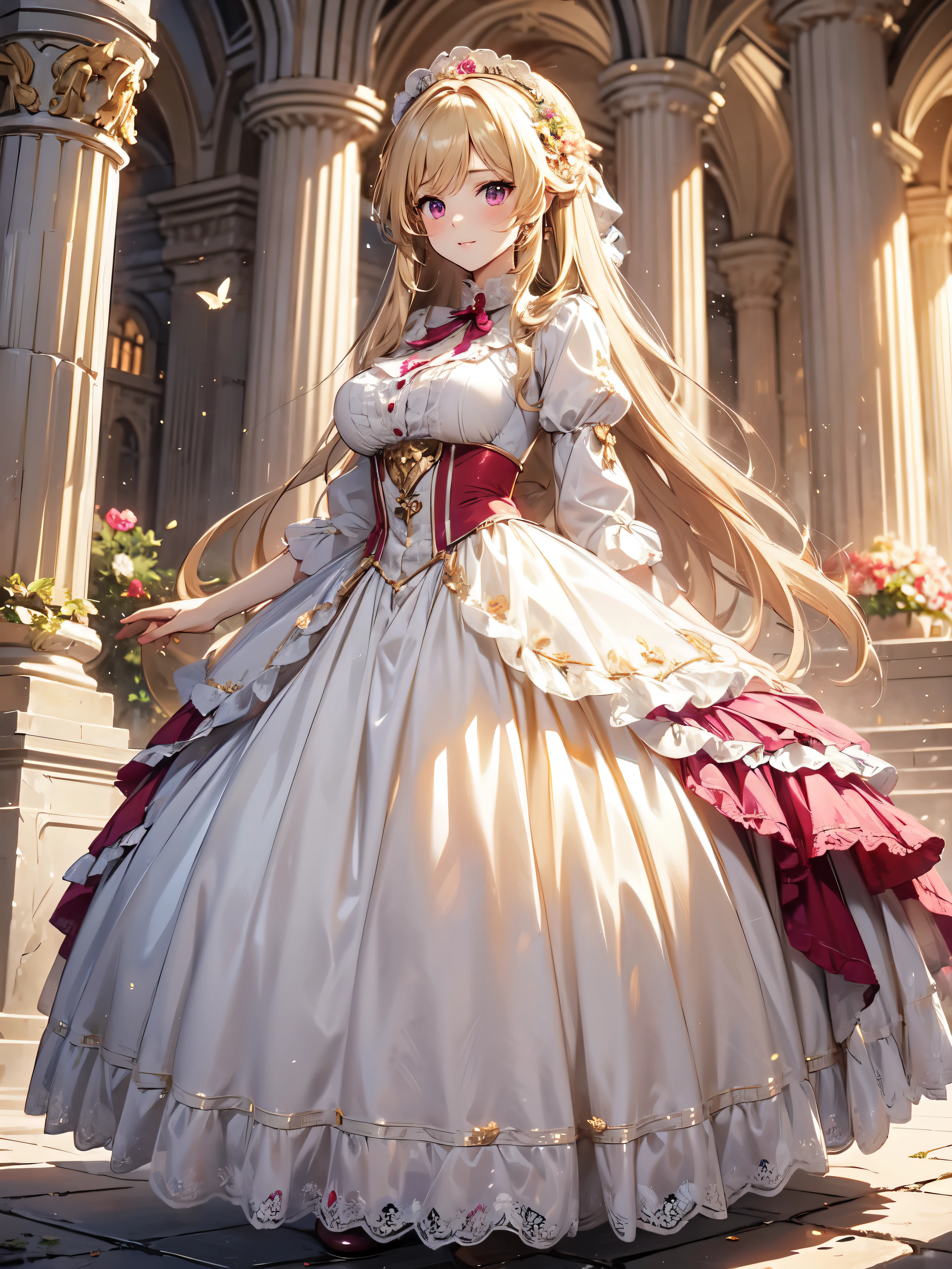 (((Ultra gorgeous beautiful dress is  magenta rococo victorian gown with hoopskirt and long hems))), (solo lady :1.2:huge breasts:1.2), (Expressive hair:1.2:very voluminous and very long hair:1.2), bangs, blonde hair, (full body:1.3), (super delicate face:1.3:masterpiece:1.3:ultra detailed:1.3:an extremely delicate and beautiful:1.2:unity 16k wallpaper:1.1), (moe anime art style:1.1),